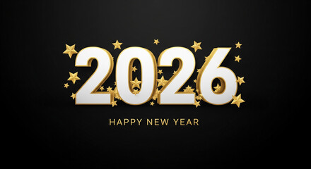 2026, the main subject of the image, is rendered in a 3D effect with white digits outlined in gold