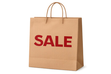Kraft paper shopping bag with red sale text, representing retail promotion, discount, and consumerism on a transparent background