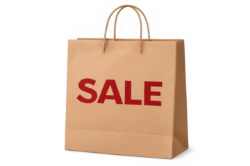 Kraft paper shopping bag with red sale text, representing retail promotion, discount, and consumerism on a transparent background