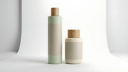 Two Minimalist Skincare Bottles with Wood Caps on White