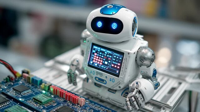 A robot is sitting on a computer board. The robot is white and blue. Close-up robotic education kit ai inference board blinking diagnostics lights micro scale, robotic education kit