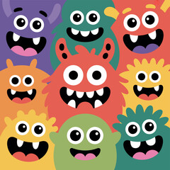 Fototapeta premium Many colorful cartoon monsters show wide happy smiles and sharp teeth.
