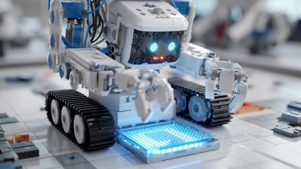 A robot is working on a computer chip. The robot is white and blue. Close-up robotic education kit using small structured light depth module, future learning pipeline, robotic education kit - Powered by Adobe