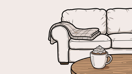 Cozy living room illustration with a sofa, blanket, and a cup of hot drink in free space