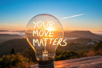 Light Bulb Symbolizing Inspiration and Motivation at Sunrise with Quote