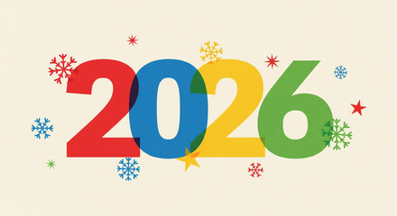 The image prominently displays the numbers 2026 in a colorful, overlapping design against a light beige background