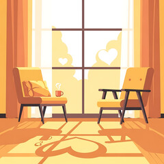 Cozy Interior Illustration with Armchairs Heart Shadows and Morning Coffee