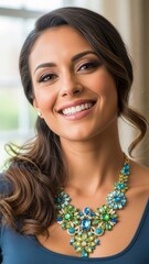 Smiling Woman Wearing Colorful Necklace.