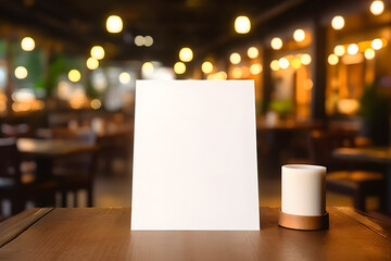 Blank menu stand on a wooden table in a restaurant with bokeh lights