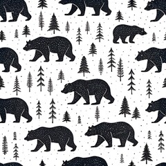 Seamless Bear and Pine Tree Pattern Illustration in Scandinavian Folk Style on the white background.