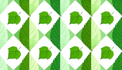 Green leaf pattern background with geometric shapes and nature elements.