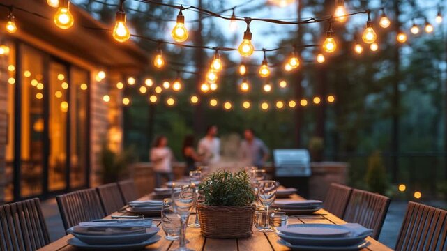 Cozy evening dinner party on a patio with a beautifully set table under glowing string lights. Cozy, warm, inviting. Ideal for themes of friendship, family gatherings, or outdoor dining.