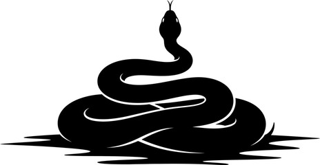 Striking Black Silhouette of a Cobra Snake Coiled and Ready to Attack Isolated on White Background