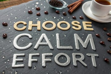 Metallic Lettering Choose Calm Effort on Dark Clean Surface with Coffee
