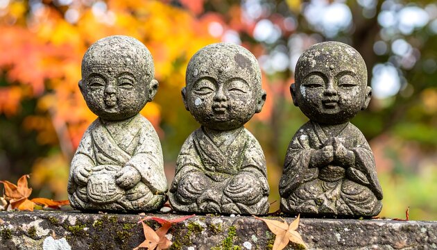 Three stone Jizo statues in a serene autumn garden.
