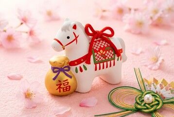Decorative horse figurine with lucky bag isolated on white background