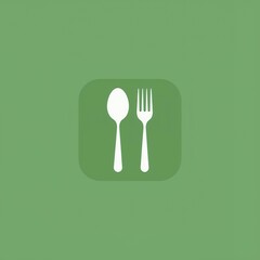 Vector icon of spoon and fork inside a green square, designed in a clean and modern flat style for food and restaurant concepts.