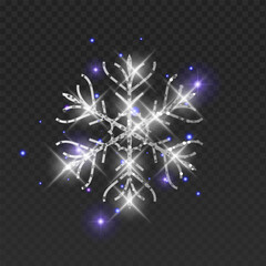 Silver vector Snowflake with filigree design and shimmering glitter texture. glowing white sparks, bright and magical light particles on a dark transparent background, decorative element for Christmas