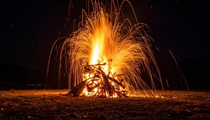 Fiery Bonfire with Sparks Flying at Night.