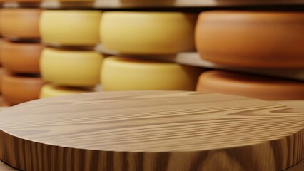 Wooden cheese board with stacked cheese wheels for holiday events and commercial usage and mockups