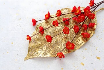 Golden leaf with red blossoms isolated on white background