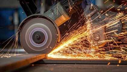 Close-up of an angle grinder cutting metal creating a shower of sparks.