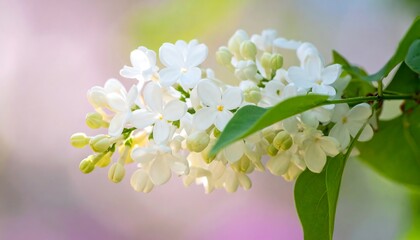 Close-up of White Lilac Flowers Blooming in Spring Sunlight.