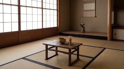 Minimalist Japanese tea ceremony interior featuring tatami mats, shoji screens and traditional tea utensils. Calm zen atmosphere symbolizing mindfulness, harmony and Japanese cultural heritage.