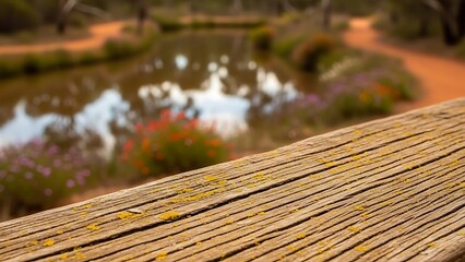Serene wooden deck by the lake with vibrant flowers for future holiday events for commercial usage and mockups