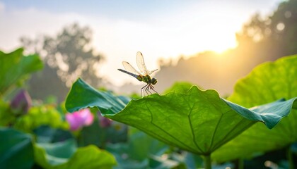 A dragonfly perches on a large green leaf in an outdoor environment at sunset.