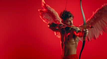 A handsome Cupid god with heart-shaped tattoos on his body, holding wings of love against a red background 