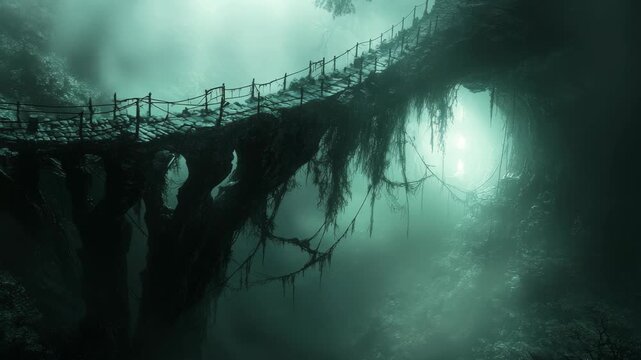 Treacherous ancient bridge over a dark, misty chasm with mysterious glowing lights. An ideal background for dark fantasy games, horror movie scenes, or epic adventure intros.