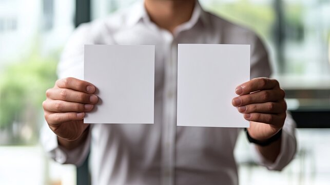 Man holding two blank cards outdoors with blurred urban background, casual shirt and natural daylight, hands presenting empty paper cards for event or product promotion, ideal for street marketing, - Powered by Adobe
