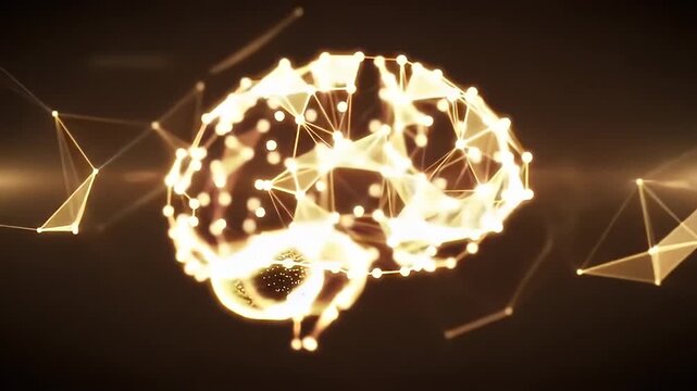 A 3D rendering of a human brain with glowing neural connections and geometric shapes in a dark environment from a front viewpoint