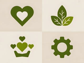 Obraz premium Wellbeing and mindfulness vector set with heart, leaf, and gear icons symbolizing emotional balance in hybrid work