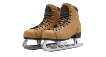 Pair of Tan Leather Ice Skates with Silver Blades.
