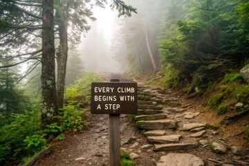 Mountain Trail Sign Encouraging Every Climb Begins with a Step