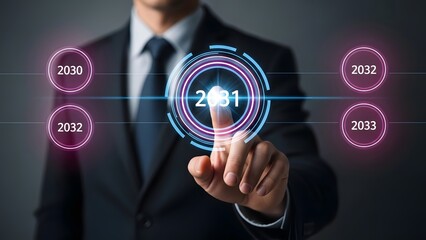 Fototapeta premium businessmin suit touches glowing holographic display showing the year 2031, surrounded by other years.