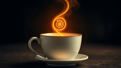 longevity. Vintage coffee cup with an infinite glowing spiral, symbolizing longevity and ritual. bar promotions, beverage menus, designed for food & beverage menus and cafe branding.
