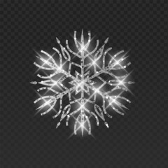 Silver vector Snowflake with filigree design and shimmering glitter texture. glowing white sparks, bright and magical light particles on a dark transparent background, decorative element for Christmas