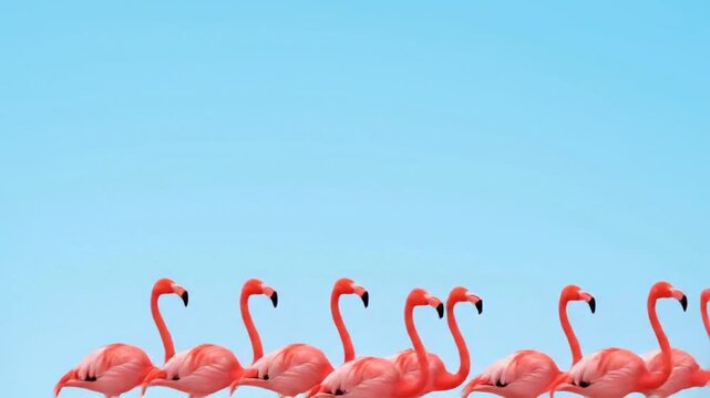 A line of beautiful pink flamingos gracefully walks across a light blue background, creating a minimalist and elegant scene.