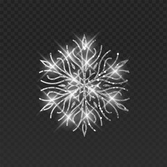 Silver vector Snowflake with filigree design and shimmering glitter texture. glowing white sparks, bright and magical light particles on a dark transparent background, decorative element for Christmas