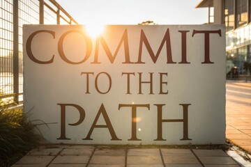 Panel Featuring Commit to the Path Text in Shadowed Outdoor Setting