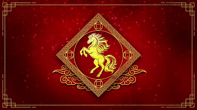 Motion graphic of Chinese New Year 2026 horse zodiac head illustration in golden ornamental frame over red patterned background with sparkling light effects in a seamless loop.