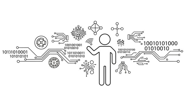 Human figure deeply integrated within a complex digital circuit board layout and binary code, representing advanced digital systems on an isolated white background.