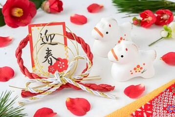 Elegant japanese new year decoration with lucky symbols isolated on white background