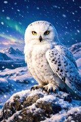 Obraz premium A white owl is perched on a rock in the snow