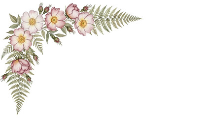 Soft luxury watercolor corner border with wild roses and fern in a dusty rose palette isolated on white background.png