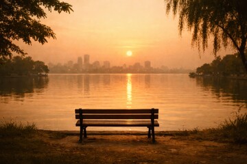 Fototapeta premium A bench is sitting on the shore of a lake
