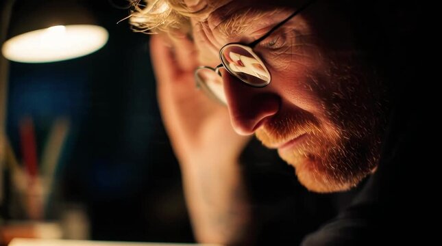 Intense Man Reading Book Under Lamp Light Studying Late Night Research Writing Academic Education Learning Knowledge Focus Concentration Success